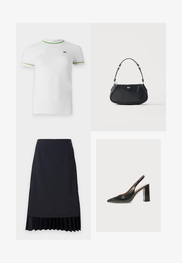 T-shirt en coton blanc avec des manches courtes, un col rond et des accents ribbed verts et jaunes au col et aux bords des manches. Logo Lacoste sur la poitrine.; Jupe crayon noire avec un ourlet plissé, coupe ajustée et texture lisse. Comprend une fermeture éclair latérale discrète et des détails minimalistes.; Chaussure slingback femme en cuir noir avec bout pointu et talon bloc épais et haut sur fond blanc.; Sac d'épaule noir avec sangle réglable, fermeture éclair et petit logo crocodile argenté au centre devant.
