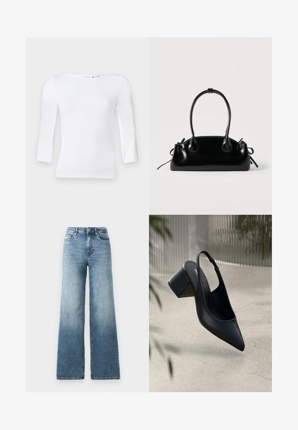 Wit langemouwtop met een vierkante halslijn, gemaakt van een soepele katoenmix, met aansluitende mouwen en een licht gebogen zoom.; Snijdemim jeans met wijde pijpen in een lichtblauwe wassing, voorzien van een hoge taille, vijf-pocketontwerp en subtiele vervaging op de stof. Klassieke metalen knoopsluiting.; Zwarte leren slingback hak met een spitse neus en een blokhak. Glad oppervlak, minimalistisch ontwerp en verstelbare enkelband.; Kleine zwarte glanzende handtas met twee lange hengsels en zijkant trekkoord details op een effen lichte achtergrond.