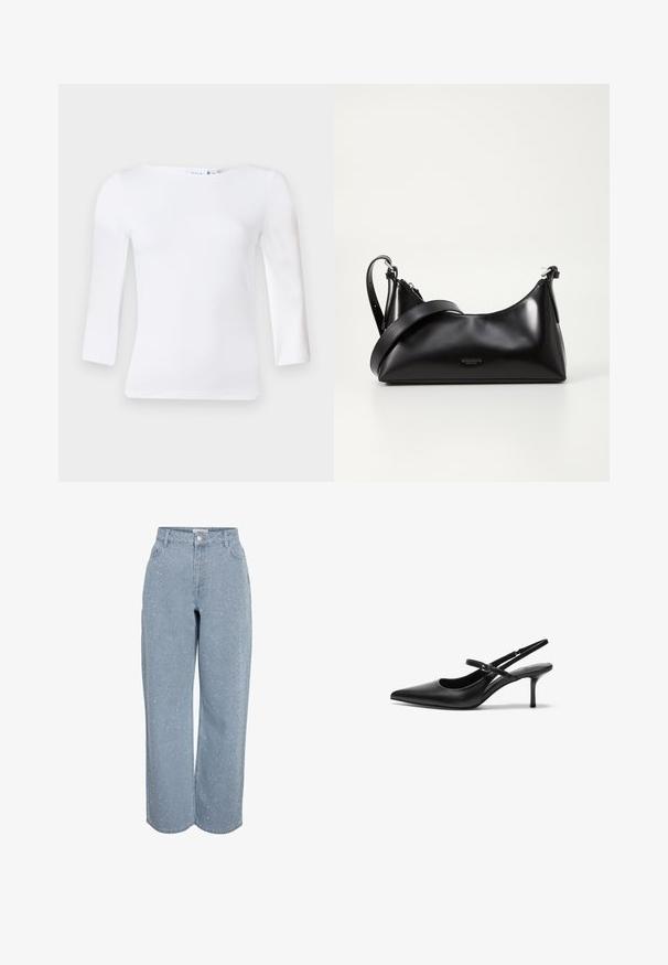 Wit langemouwtop met een vierkante halslijn, gemaakt van een soepele katoenmix, met aansluitende mouwen en een licht gebogen zoom.; Lichtblauwe high-waist recht uitgesneden jeans met verspreide kleine zilveren studs, voorzakken, knoop en riemlussen.; Zwarte leren slingback hakken met een puntige neus, slanke verstelbare band en een ongeveer 5 cm hoge stiletto hak, met een gladde textuur.; Zwarte leren handtas met een gladde textuur. Beschikt over een verstelbare schouderband en een strak, minimalistisch ontwerp met een ritssluiting.