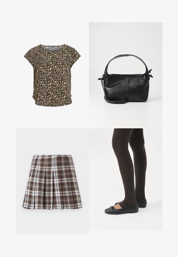 Haut à manches courtes imprimé léopard beige et noir, avec un col rond et une coupe ample. Tissu doux, présentant un motif animal distinct.; Jupe plissée à carreaux bruns et blancs avec un design structuré et une texture nette, présentant une taille haute et de multiples plis verticaux.; Jambes portant des leggings côtelés foncés associés à des ballerines noires avec de petits détails en nœud sur fond blanc.; Sac à main en cuir noir au design structuré, avec une poignée arrondie et une bandoulière amovible. Présente une texture lisse et un éclat subtil.