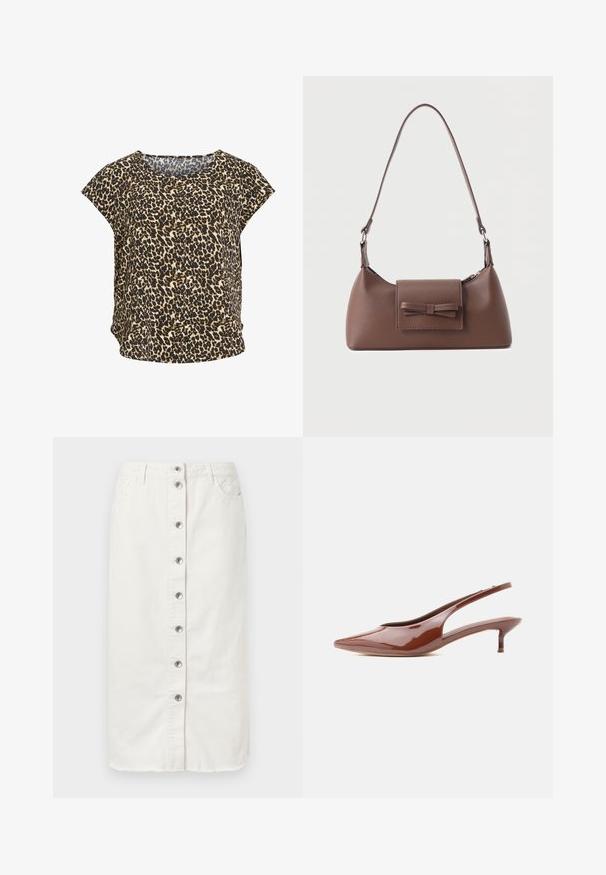 Haut à manches courtes imprimé léopard beige et noir, avec un col rond et une coupe ample. Tissu doux, présentant un motif animal distinct.; Jupe midi en denim blanc avec fermeture à boutons sur le devant, deux poches latérales et des accents brodés à la taille. Présente un ourlet brut.; Escarpin slingback brun brillant à talon kitten pointu avec bout pointu et talon bas et fin sur fond blanc.; Sac à bandoulière en cuir marron avec une poche à rabat avant ornée d'un détail en forme de nœud cousu et une sangle réglable.