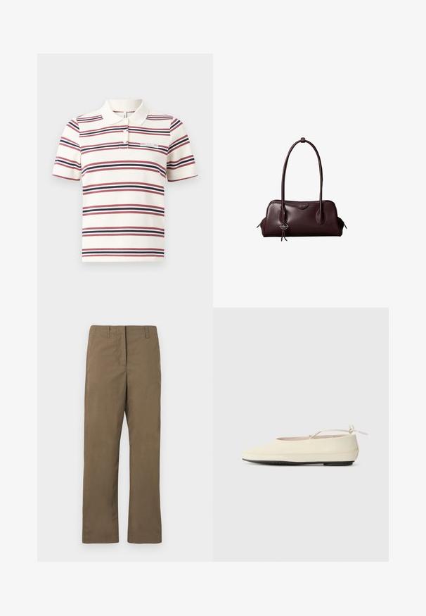 Polo rayé en crème, avec des rayures horizontales rouge et marine, un col classique, des manches courtes et une petite étiquette portant l'inscription "FEARLESS".; Pantalons droits marron en tissu mélangé de coton. Comprend des passants de ceinture, une poche avant et une texture lisse sans motifs.; Des chaussures plates de couleur crème avec un bout arrondi, une sangle à la cheville et une semelle en caoutchouc noir contrastante. Matériau lisse avec un detailing minimal.; Sac à main en cuir brun foncé Calvin Klein avec de longues poignées doubles et un petit porte-clé logo suspendu à une poignée.