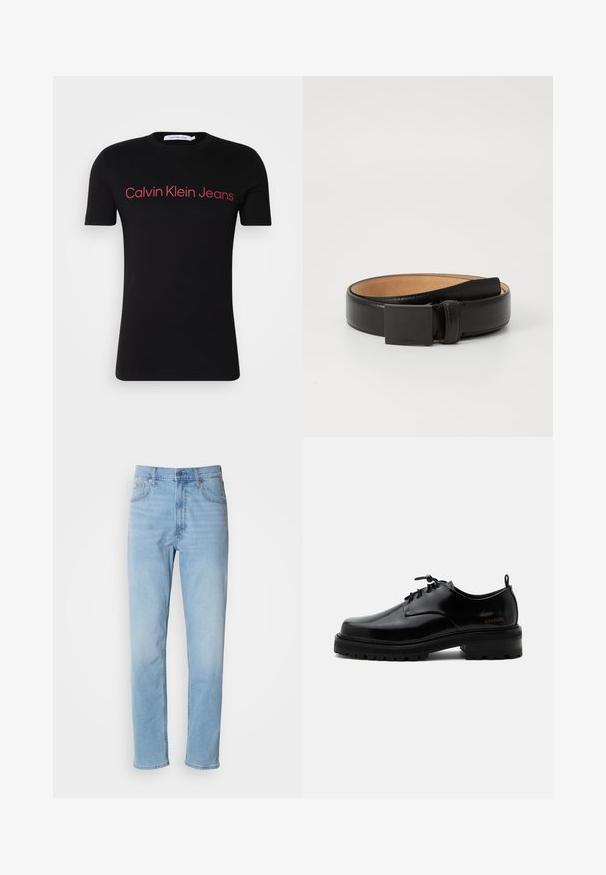 Čierne tričko s krátkym rukávom a okrúhlym výstrihom s červeným potlačeným nápisom "Calvin Klein Jeans" na hrudi.; Svetlomodré džíny z denimu so strihom rovného strihu, piatimi vreckami a pútkami na opasok. Textil má hladkú štruktúru s jemným efektom vyblednutia.; Čierna leštená kožená šnurovacia obuv s hrubou gumovou podrážkou a nízkym podpätkom, bočný nápis značky "SAMSOE" a zadné ťahadlo.; Čierny kožený opasok s hladkým povrchom, vybavený obdĺžnikovou čiernou kovovou prackou a béžovým vnútorným podšívaním. Jednoduchý, klasický dizajn.