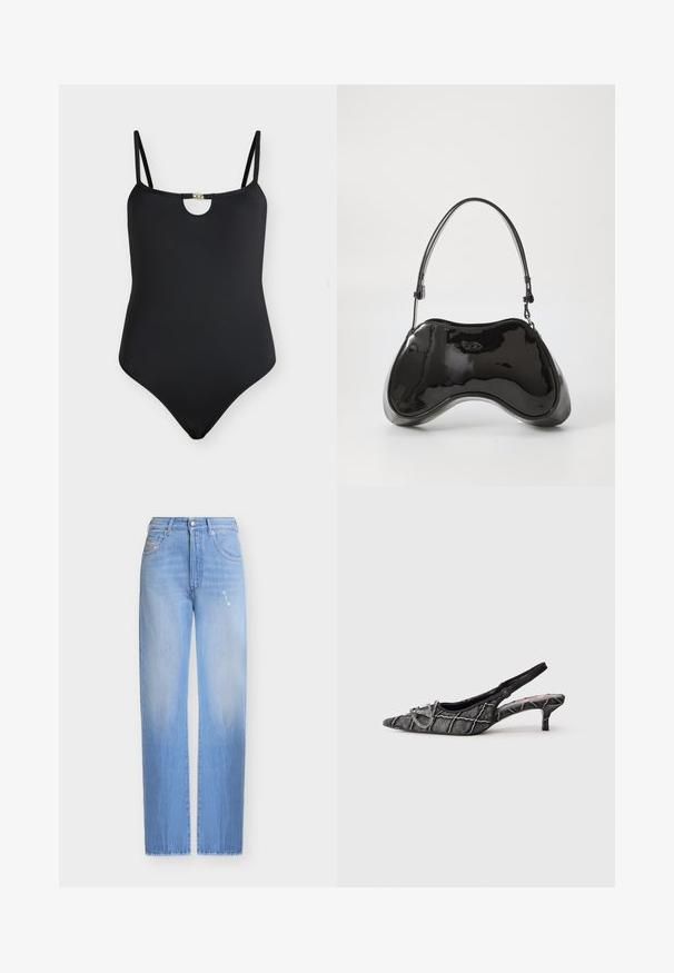 Maillot de bain une pièce noir sans manches avec fines bretelles et petite boucle décorative dorée à l'encolure devant.; Jean bleu clair taille haute à jambe droite, lavage subtilement délavé, fermeture à bouton sur le devant et design classique à cinq poches.; Escarpin noir avec bride arrière, talon kitten, bout pointu, motif texturé et détail de boucle argentée sur fond blanc.; Sac à main en cuir verni noir avec une forme incurvée unique, une anse courte et ajustable, et une fermeture zippée. Texture lisse avec un branding discret.