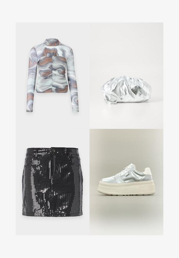 Μακρυμάνικο, εφαρμοστό μπλουζάκι με μαρμαρότυπη σχεδίαση σε γκρι, άσπρο και καφέ αποχρώσεις. Διαθέτει ψηλό λαιμό και ραφές στο μπροστινό μέρος.; Μαύρη μίνι φούστα με παγιέτες, σε εφαρμοστό σχέδιο, κλείσιμο με κουμπί και ματ υφή που αντικατοπτρίζει το φως. Ευθεία τελείωμα και λειτουργικές τσέπες.; Chunky sneaker με μεταλλικό ασημί επάνω μέρος, λευκά κορδόνια και παχιά κρεμ χρωματιστή υφή σόλας, εμφανίζεται σε πλευρική όψη σε ουδέτερο φόντο.; Μεταλλική ασημένια τσάντα χερίου με απαλή, συγκεντρωμένη δομή και λεπτό λουρί ώμου. Διαθέτει λεία, γυαλιστερή υφή και στρογγυλό σχήμα.