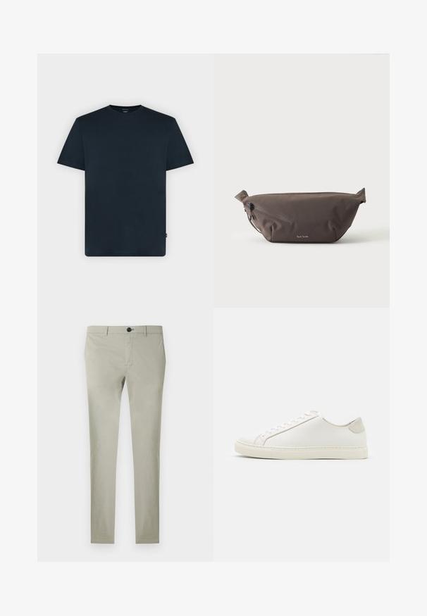 Dunkel marineblaues T-Shirt mit kurzen Ärmeln und Rundhalsausschnitt, mit dezentem Präge-Logo auf der Brust und kleinem Seitenschild auf hellem einfarbigem Hintergrund.; Hellgraue Chinos aus Baumwolle mit glatter Textur, geradem Bein, Knopfverschluss und Vordertaschen.; Weiße Leder Sneakers mit glatter Oberfläche, runder Zehenform und minimalistischem Design. Mit beigen Akzenten an der Ferse und einer Gummisohle.; Dunkelbraune Stoff-Gürteltasche mit diagonalem Reißverschlussfach und kleinem weißen Logo vorne, vor einem einfarbigen hellen Hintergrund.
