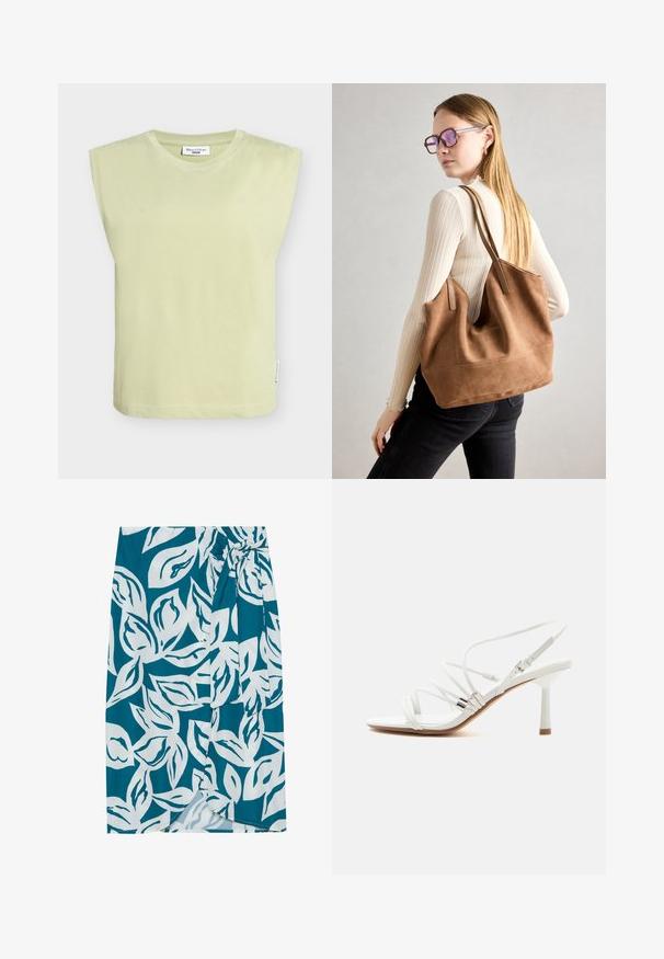 Haut en coton vert clair avec épaules larges, encolure ronde et ourlet droit. Comprend une étiquette sur la couture latérale.; Jupe bleu canard avec un motif de feuillage blanc, présentant un design enroulé et un détail à nouer à la taille. Texture lisse avec un léger éclat.; Sandale blanche à talons hauts avec fines brides, accents argentés, bout carré et talon fin de hauteur moyenne sur fond blanc uni.; Sac fourre-tout en daim marron avec une texture douce, grande ouverture et longues sangles. Présente un design simple avec des coutures visibles et sans matériel.