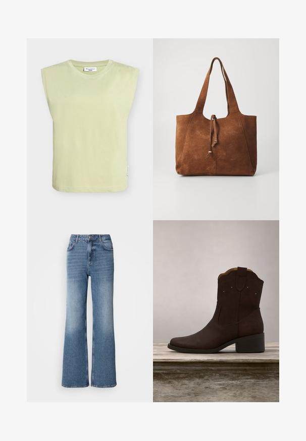 Haut en coton vert clair avec épaules larges, encolure ronde et ourlet droit. Comprend une étiquette sur la couture latérale.; Mos Mosh MAI - Jean droit - blue wash; Bottine en daim brun foncé avec un talon bas, coutures décoratives et languettes, présentée sur une surface en bois avec un arrière-plan d'herbe.; Sac fourre-tout en daim marron avec deux longues poignées, fermeture à cordon et texture lisse. Présente un design simple et des accents minimaux.