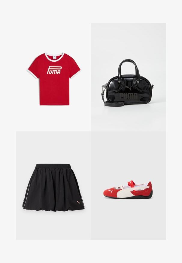 T-shirt en coton rouge avec un col et des bords de manches en côtes blanches, arborant un grand logo blanc "PUMA" sur le devant.; Jupe courte sportive noire avec taille élastique, liseré blanc sur le côté et petit logo Puma sur le côté inférieur droit.; Chaussures en daim rouges et blanches avec un profil bas, dotées de bandes élastiques et d'une semelle en caoutchouc noir texturé. Logo Puma sur le côté.; Sac à main en cuir verni noir avec des poignées supérieures doubles, une bandoulière amovible, une forme arrondie et un logo "PUMA" en relief bien visible.