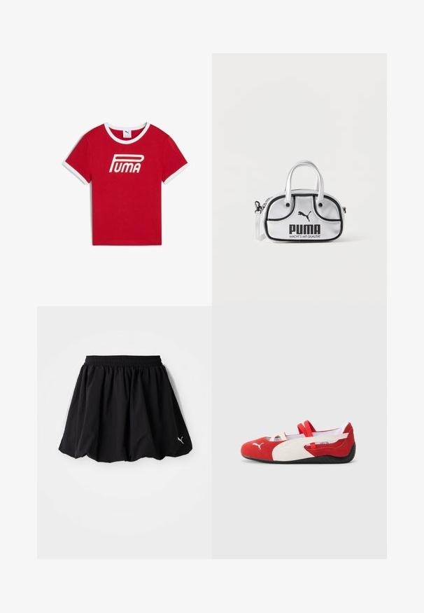 T-shirt en coton rouge avec un col et des bords de manches en côtes blanches, arborant un grand logo blanc "PUMA" sur le devant.; Jupe de sport noire avec une taille élastique, ornée de panneaux blancs sur les côtés et d'un petit logo au bas. Fabriquée en tissu léger.; Chaussures en daim rouges et blanches avec un profil bas, dotées de bandes élastiques et d'une semelle en caoutchouc noir texturé. Logo Puma sur le côté.; Petit sac à main Puma en argent avec bordure noire, double anses, bandoulière amovible et logo Puma avec slogan sur le devant.