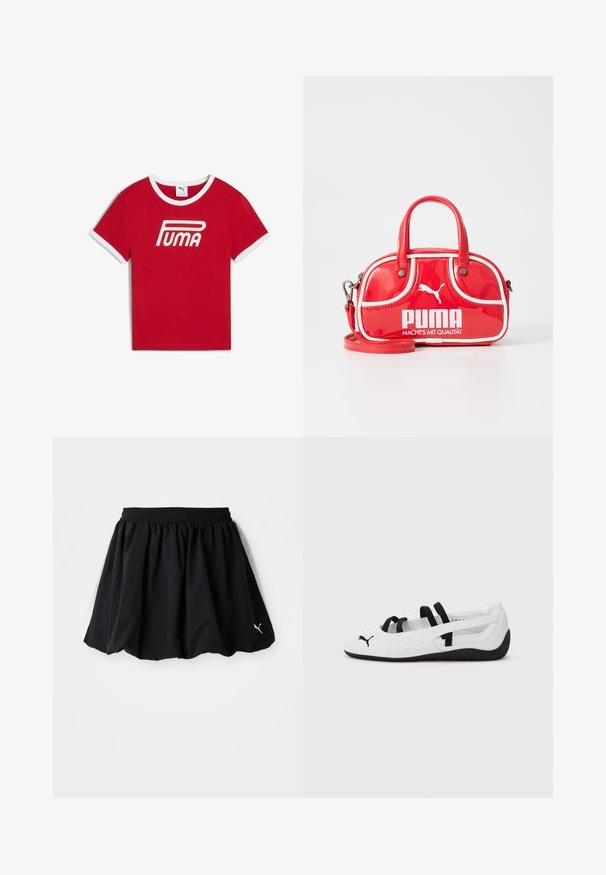 T-shirt en coton rouge avec un col et des bords de manches en côtes blanches, arborant un grand logo blanc "PUMA" sur le devant.; Jupe de sport noire avec une taille élastique, ornée de panneaux blancs sur les côtés et d'un petit logo au bas. Fabriquée en tissu léger.; Baskets de sport blanches avec des accents noirs, présentant un bout arrondi, des brides élastiques et une semelle en caoutchouc texturée. Logo Puma à l'avant.; Mini sac à main en cuir verni rouge avec des accents blancs, de forme arrondie, double anses, bandoulière amovible et logo PUMA bien visible.