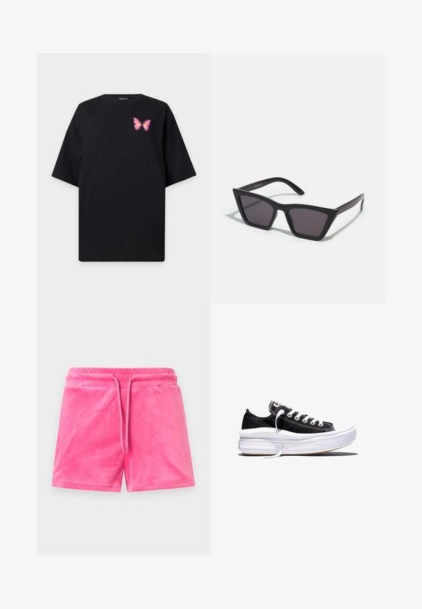 Zwart T-shirt met korte mouwen en een klein roze-oranje vlinderontwerp op het linkerborstgebied.; Felroze velours korte broek met een elastische tailleband, voorste trekkoord en een klein gestikt hartdetail aan de onderkant van het rechterbeen.; Zwarte lage canvas sneaker met witte veters en dikke, meerlagige witte rubberen zool tegen een witte achtergrond.; Zwarte, hoekige zonnebril met grijze lenzen; gemaakt van plastic, met dikke armen met een gladde oppervlakte en zonder zichtbare hardware.