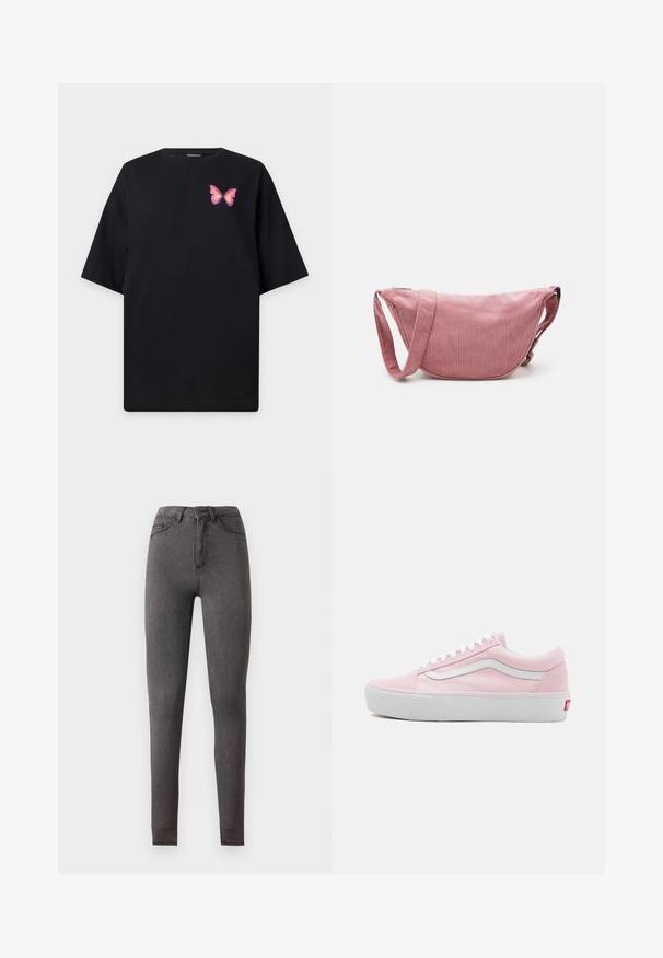 T-shirt noir à manches courtes avec un petit motif de papillon rose et orange sur la partie gauche de la poitrine.; Jean slim gris foncé taille haute en denim, avec poches devant et derrière, fermeture par boutons et détails de couture visibles.; Baskets en toile roses avec des accents blancs, lacets plats et semelle en caoutchouc blanche. Présente un design classique de basse et un logo sur le côté.; Pieces PCAMANDA BUMBAG - Sac bandoulière - ash rose