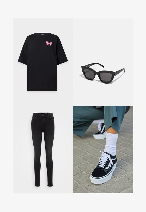 Čierne tričko s krátkym rukávom s malým ružovo-oranžovým motívom motýľa na ľavej strane hrudníka.; Čierne skinny džíny vyrobené z denimu, s klasickým dizajnom piatich vreciek, prešitými švami a vysokým pásom. Hladká textúra a zúžený strih.; Čierne semišové tenisky s bielymi akcentmi a šnúrkami, s hrubou bielou podrážkou a kontrastným prešívaním, doplnené o bielu ponožku.; Čierne slnečné okuliare v štýle mačacích očí s matným povrchom, so šedými tónovanými sklami, ostrými hranami a elegantnými bokovými ramenami. Názov značky je viditeľný na vnútornom ramene.