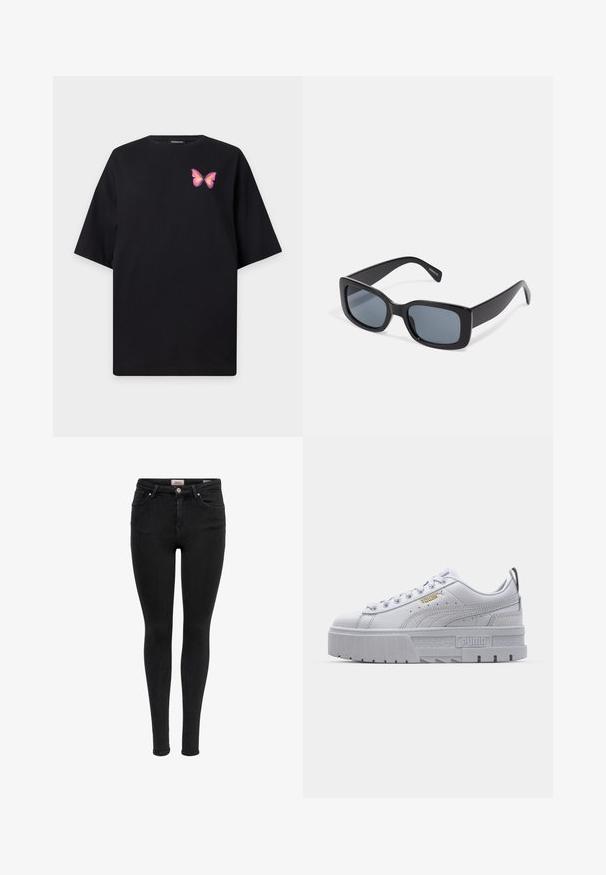 Zwart T-shirt met korte mouwen en een klein roze-oranje vlinderontwerp op het linkerborstgebied.; Zwarte skinny jeans met voorzakken, riemlussen en knoopsluiting, weergegeven tegen een witte achtergrond.; Witte platform sneakers met een leren bovenwerk, gevoerde kraag, grijze rubberen zool en gouden accenten met het Puma-logo.; Zwarte rechthoekige zonnebril met donkere getinte lenzen, een dik plastic montuur en brede scharnieren. Glad oppervlak en hoekig ontwerp.