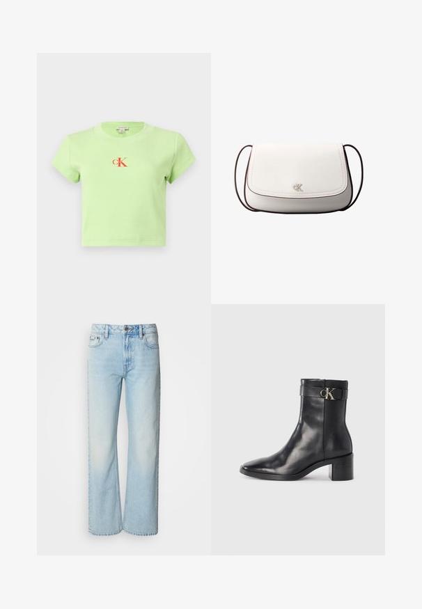 Lichtgroene, geribbelde katoenen t-shirt met een ronde halslijn en korte mouwen. Heeft een centraal rood "CK" logo ontwerp.; Lichtblauwe wijde jeans van denim, voorzien van een klassiek vijf-pocket ontwerp en een subtiele vervaagde textuur. Denimstiksels zijn zichtbaar.; Zwarte leren enkellaars met een spitse neus, blokhak en een bandje met een metallic logo. Gladde textuur en minimalistisch ontwerp.; Witte schoudertas met klepsluiting, klein zilveren "cK"-logo in het midden en dunne donkerbruine verstelbare band.