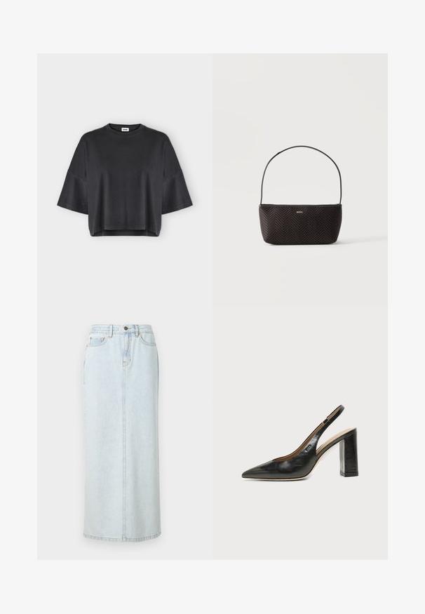 T-shirt noir oversized à manches courtes avec un col rond et un ourlet légèrement raccourci sur un fond clair uni.; Jupe maxi en denim bleu clair avec un design droit, fermeture à boutons sur le devant et couture visible. Elle comporte deux poches avant.; Chaussure slingback en cuir noir à bout pointu avec un talon bloc haut et une doublure intérieure beige sur un fond clair uni.; Sac à main noir tissé texturé avec une seule bandoulière et un petit logo doré "BOSS" au centre devant.