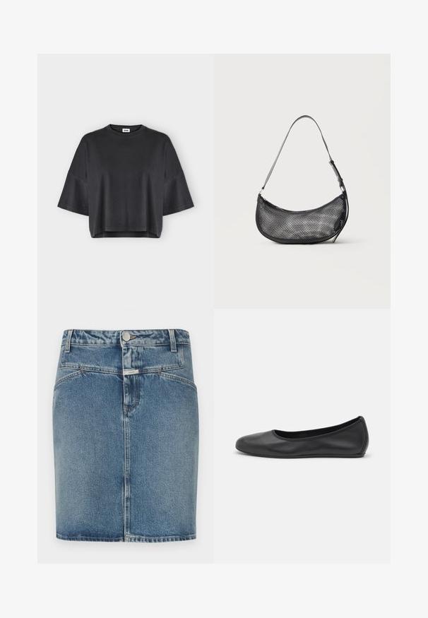 T-shirt noir oversized à manches courtes avec un col rond et un ourlet légèrement raccourci sur un fond clair uni.; Jupe en denim bleu clair, avec une coupe ajustée, un style cinq poches, une fermeture à boutons sur le devant et des détails de coutures visibles.; Ballerines en cuir noir avec un bout rond, texture lisse, détails de couture minimalistes et design de semelle flexible.; Petit sac d'épaule noir en mesh en forme de croissant avec une lanière fine réglable, sur un fond clair uni.