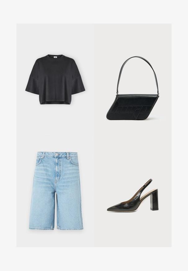 T-shirt noir oversized à manches courtes avec un col rond et un ourlet légèrement raccourci sur un fond clair uni.; Shorts en denim bleu clair longueur genou avec bouton à l'avant, fermeture éclair, passants pour ceinture et poches latérales sur fond blanc.; Chaussure slingback en cuir noir à bout pointu avec un talon bloc haut et une doublure intérieure beige sur un fond clair uni.; Sac d'épaule en cuir noir de forme triangulaire, avec un logo embossé et une seule bandoulière réglable. Design minimaliste avec une texture lisse.