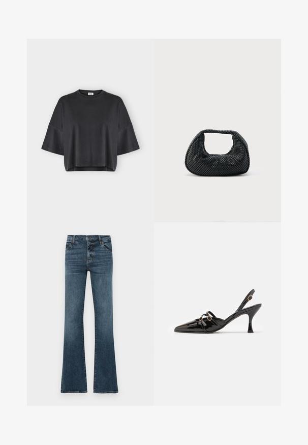 T-shirt noir oversized à manches courtes avec un col rond et un ourlet légèrement raccourci sur un fond clair uni.; Jean flare bleu en denim. Comprend cinq poches, des passants de ceinture, une fermeture éclair et une finition légèrement délavée. Coupe droite jusqu'aux genoux.; ALOHAS JOELLE ONIX - Escarpins - black; Sac hobo tissé noir avec une structure souple et une poignée intégrée, présenté sur un fond clair uni.
