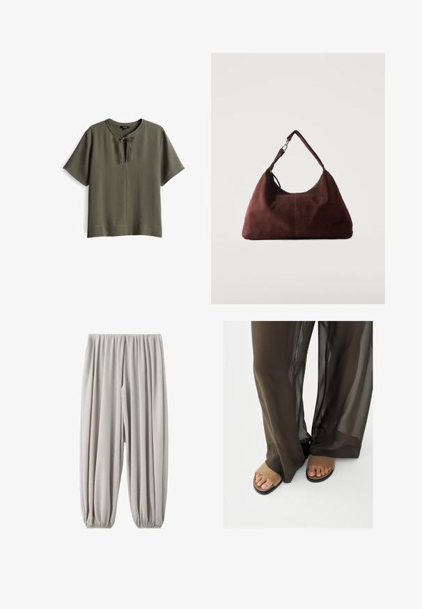Haut vert olive à manches courtes avec un col rond et un détail noué à l'avant. Matériau doux et texturé avec une coupe décontractée.; Pantalon ample gris clair avec taille élastique et poignets élastiques froncés aux chevilles, en tissu doux et fluide.; Pieds en sandales ouvertes en suède beige partiellement recouverts par un pantalon large en tissu transparent marron foncé sur fond blanc.; Sac bandoulière en daim marron doux avec une seule lanière et des accessoires métalliques argentés sur un fond clair uni.