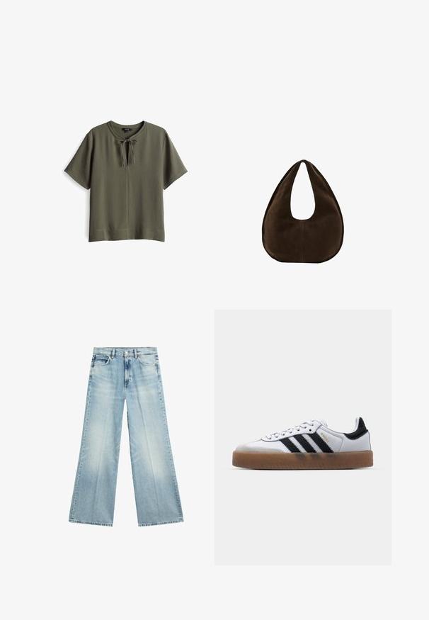 Olivgrünes Kurzarmoberteil mit rundem Halsausschnitt und einer Schleifendetail vorne. Weiches, strukturiertes Material mit einer lockeren Passform.; Hellblaue Jeans mit weitem Bein, Vordertaschen und Gürtelschlaufen, flach auf weißem Hintergrund ausgelegt.; Weiße Leder Sneakers mit schwarzen Streifen, Gummigummi-Außensohle, runder Zehenform, Schnürverschluss und weichem grauem Wildleder-Zehenkappe.; Dunkelbraune Wildleder-Handtasche in Halbmondform mit einem breiten Riemen und glatter Textur vor weißem Hintergrund.