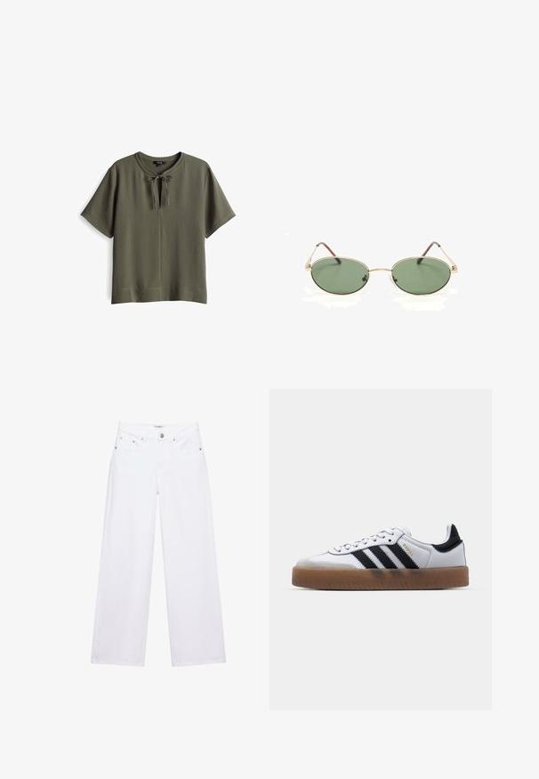 Olivgrünes Kurzarmoberteil mit rundem Halsausschnitt und einer Schleifendetail vorne. Weiches, strukturiertes Material mit einer lockeren Passform.; Weiße, hoch taillierte Jeans mit weitem Bein, Knopf- und Reißverschluss, Taschen vorne und hinten sowie silbernen Nieten.; Weiße Leder Sneakers mit schwarzen Streifen, Gummigummi-Außensohle, runder Zehenform, Schnürverschluss und weichem grauem Wildleder-Zehenkappe.; Goldfarbene ovale Sonnenbrille mit Metallrahmen, grünen getönten Gläsern und dünnen Bügeln, die auf einer weißen Oberfläche liegen.