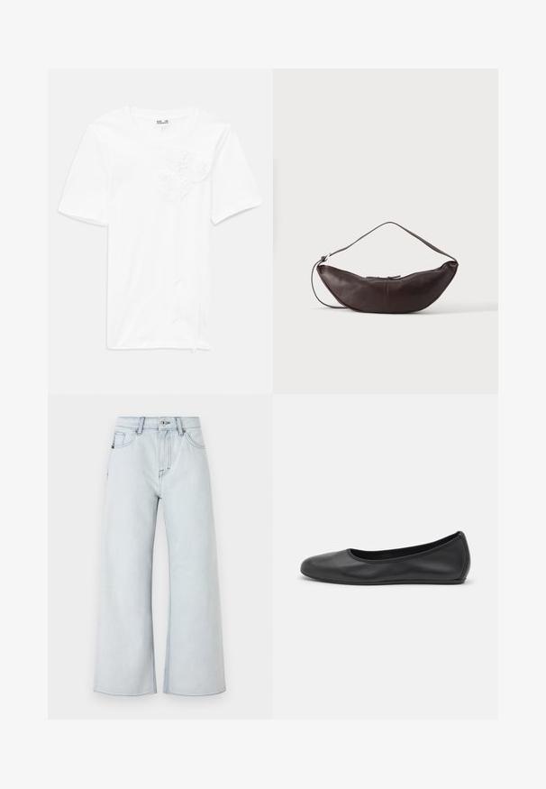 Hvid kortærmet t-shirt lavet af bomuld med tre teksturerede blomst-applikationer på forsiden, med en rund halsudskæring og en afslappet pasform.; Lysblå jeans med bred benedesign, lavet af denim. Funktioner fem lomme-stil, bæltestropper og knaplukning.; Sort læderballetsko med rund tå, glat tekstur, minimal syning og et fleksibelt såldesign.; Mørkebrun læder skuldertaske i halvmåneform med buet rem og synlige syninger på ensfarvet baggrund.