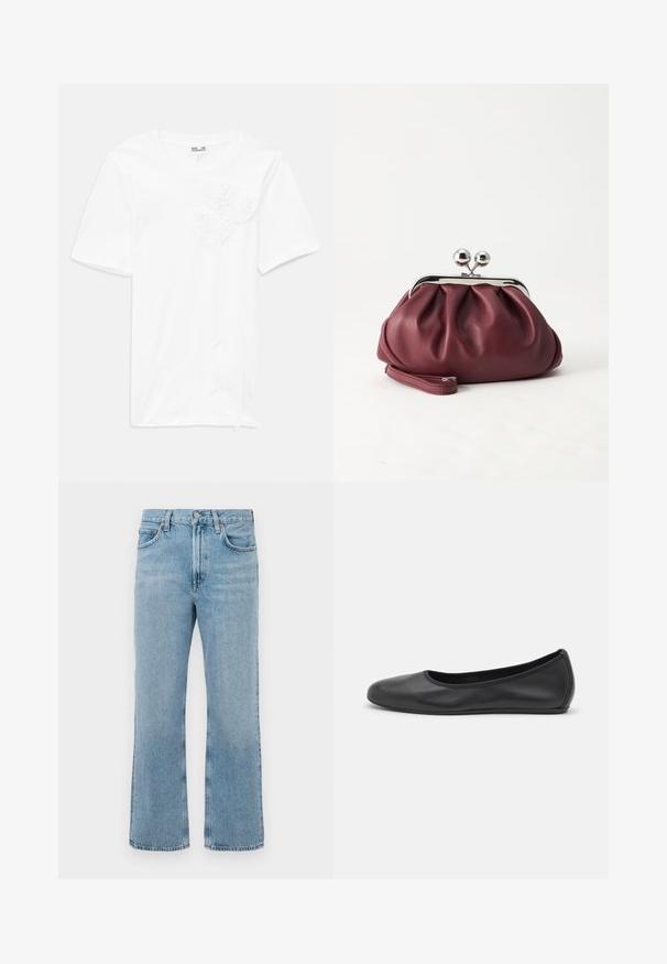 Hvid kortærmet t-shirt lavet af bomuld med tre teksturerede blomst-applikationer på forsiden, med en rund halsudskæring og en afslappet pasform.; Lysblå denim jeans med lige bendesign, høj talje, synlige sømme og et let falmet mønster. Ingen dekorationer eller metaldele.; Sort læderballetsko med rund tå, glat tekstur, minimal syning og et fleksibelt såldesign.; Lille bordeauxlæder clutch-pung med sølv metal lukning og håndledsrem på hvid baggrund.