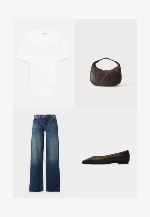 Camiseta corta de manga corta blanca hecha de algodón, con tres aplicaciones de flores texturizadas en el frente, presenta un escote redondo y un corte relajado.; Vaqueros de denim azul de corte recto con un ligero desgaste en los muslos, estilo de cinco bolsillos y cierre de botón en la cintura.; Zapato plano de punta puntiaguda de cuero negro con tacón bajo y acabado liso, mostrado de perfil sobre un fondo gris claro.; Pequeño bolso de mano marrón oscuro con textura, con correa corta y fondo redondeado sobre un fondo claro y liso.