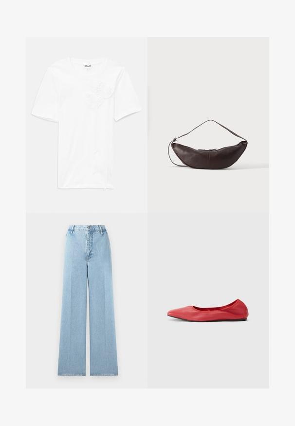 Camiseta corta de manga corta blanca hecha de algodón, con tres aplicaciones de flores texturizadas en el frente, presenta un escote redondo y un corte relajado.; Jeans de mezclilla de corte ancho en azul claro con una cintura alta, con cinco pasadores para cinturón, cierre frontal con botón y costuras cosidas.; Filippa K REY FLATS - Bailarinas - bright red; Bolso de hombro de cuero marrón oscuro en forma de media luna con una correa curva y costuras visibles sobre un fondo liso.