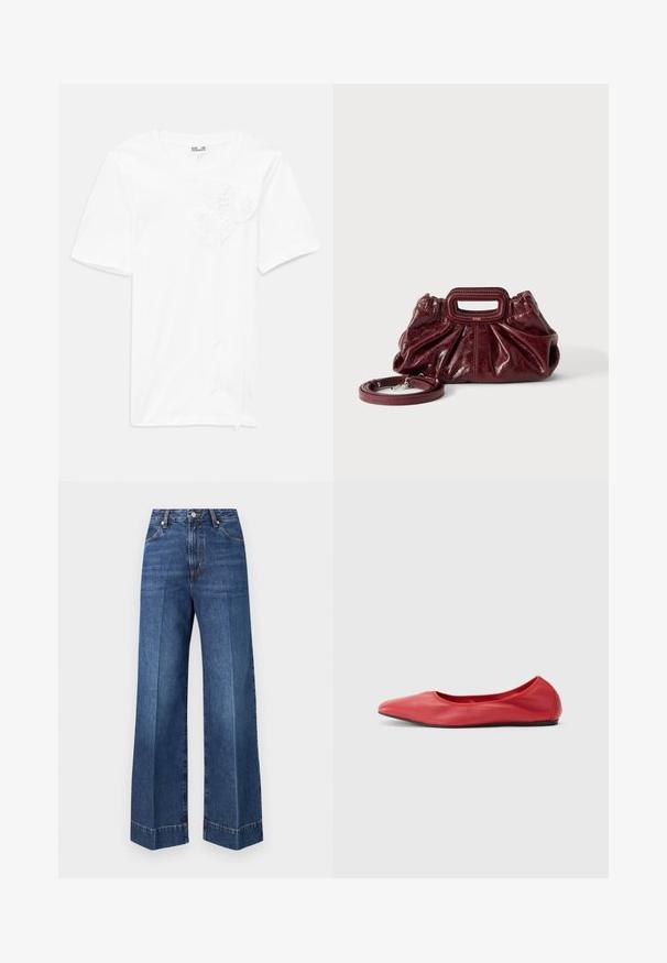 Hvid kortærmet t-shirt lavet af bomuld med tre teksturerede blomst-applikationer på forsiden, med en rund halsudskæring og en afslappet pasform.; Blå højtaljede vidde jeans i denim med frontlommer, knaplukning og synlige syningsdetaljer på en ensfarvet hvid baggrund.; Filippa K REY FLATS - Ballerinasko - bright red; Lille mørkerød læderhåndtaske med opsamlet struktur, rektangulært håndudskåret håndtag og aftagelig skulderrem på hvid baggrund.