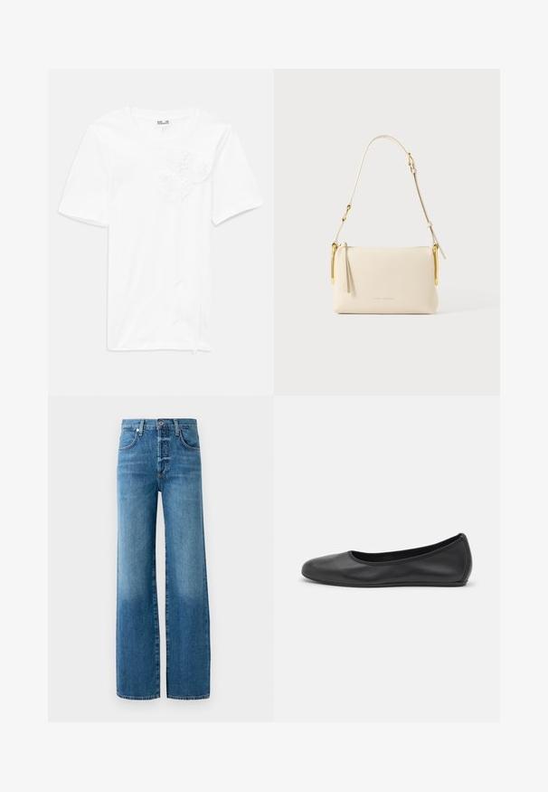 Hvid kortærmet t-shirt lavet af bomuld med tre teksturerede blomst-applikationer på forsiden, med en rund halsudskæring og en afslappet pasform.; Bredde ben jeans lavet af lyseblå denim. Har en knaplukning, bæltestropper og kontrasterende syninger. Stoffet har en falmet vask-effekt.; Sort læderballetsko med rund tå, glat tekstur, minimal syning og et fleksibelt såldesign.; Rektangulær cremefarvet håndtaske med justerbar rem og gyldne metalaccents, med et diskret Marc Jacobs-logo på fronten.