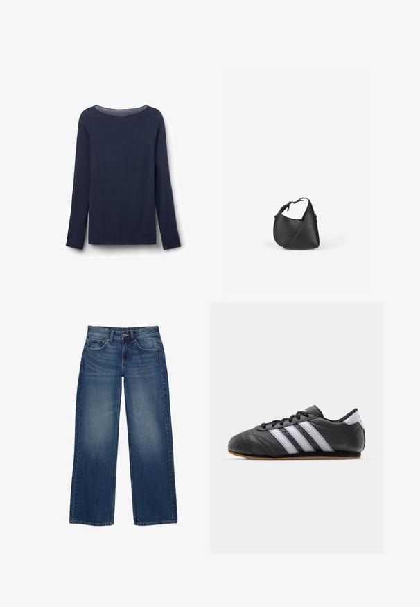 Haut à manches longues bleu marine en tissu doux, avec un col rond et une coupe décontractée. Les bords de l'ourlet et des manches sont soigneusement finis.; Jean en denim bleu à jambes larges avec une finition délavée, doté de cinq poches, d'une fermeture frontale par bouton et de détails de coutures visibles.; Baskets de sport en cuir noir avec des rayures blanches, bout rond, semelle plate et fermeture à lacets. Comprend des perforations pour la respirabilité.; Sac à bandoulière en cuir noir avec une forme triangulaire arrondie et une sangle réglable sur un fond clair uni.