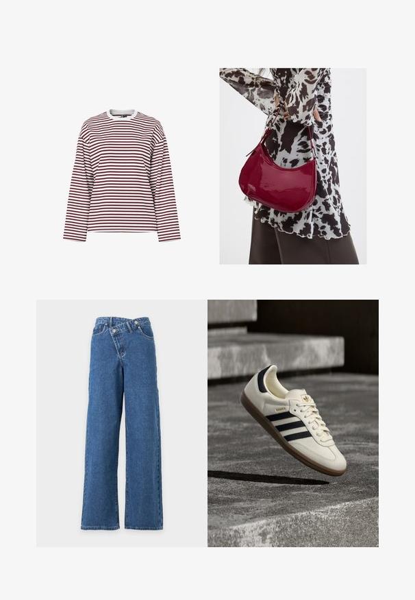 Chemise à manches longues rayée en bordeaux et blanc, avec un col rond et une coupe décontractée. Tissu doux avec des rayures horizontales uniformes.; Jean denim bleu à jambes larges, taille haute avec fermeture à boutons chevauchants sur fond blanc uni.; Baskets blanches Adidas Samba avec des bandes noires et une semelle en gomme, flottant au-dessus de marches en béton gris texturé.; Femme portant un chemisier à motif noir et blanc tenant un sac à main rouge brillant sur un fond uni.