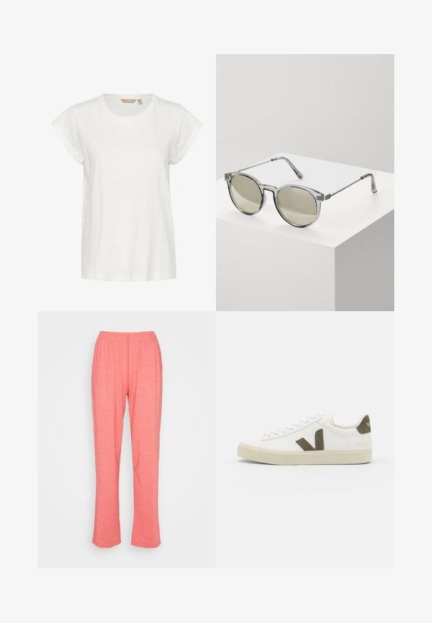 Camiseta blanca de manga corta con cuello redondo, fabricada en un material suave y ligero, con un ajuste holgado. Sin patrones ni acentos notables.; American Vintage VAM - Pantalones - fraisier; Zapatilla de cuero blanca con una suela de goma beige texturizada, que presenta un destacado logo "V" marrón en el lateral y detalles de ante a juego.; Gafas de sol redondas con montura transparente gris y lentes tintados en gris. Detalles metálicos en las varillas y brazos curvados para mayor estabilidad.