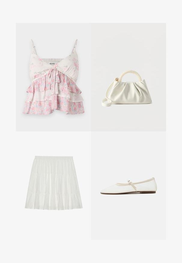 Blomster camisole-top med justerbare stropper, med lagdelte flæser i hvide, lyserøde og grønne nuancer; let, blødt bomuldsstof.; Hvid, lagdelt nederdel med en tekstureret overflade. Har en elastisk talje og lagdelte flæser, der skaber en svajende silhuet.; Hvid Mary Jane flad sko med spids tå, tynd justerbar rem med sølvspænde og brun sål på hvid baggrund.; Lille hvid håndtaske med ruched krop, rundt håndtag pyntet med perler og aftagelig skulderrem på en ensfarvet baggrund.