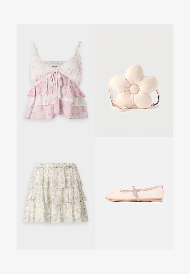 Blomster camisole-top med justerbare stropper, med lagdelte flæser i hvide, lyserøde og grønne nuancer; let, blødt bomuldsstof.; Hvid nederdel med et lagdelt, bølget design. Udstyret med et delikat blomster mønster i pink og grøn. Elastisk talje for komfort.; Lys beige flad sko med spidst tåparti og en enkelt rem med spænde på siden, vist på en ensfarvet hvid baggrund.; Krydderfarvet lædertaske med skulderrem formet som en stor, polstret blomst med fem kronblade og en tynd justerbar rem.