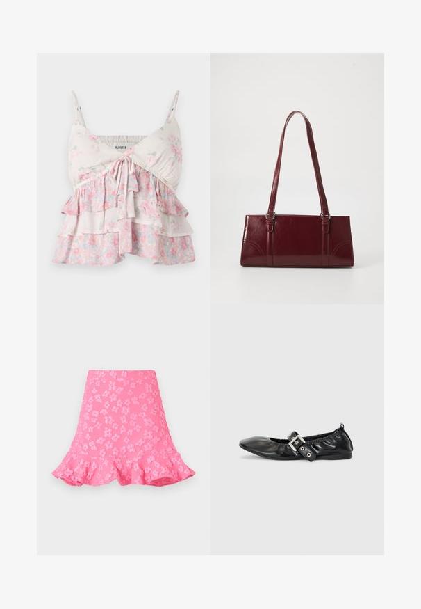Top de camisón floral con tirantes ajustables, que presenta volantes en capas en tonos blancos, rosas y verdes; material de algodón ligero y suave.; Falda rosa de corte acampanado que presenta patrones florales en relieve, un dobladillo con volantes y una textura suave. Longitud por encima de la rodilla con una cinturilla ajustada.; Zapato plano de piel negra con puntera afilada, detalle fruncido alrededor de la abertura y un acento de hebilla plateada en la correa ajustable.; Bolso burdeos hecho de material brillante, de forma rectangular, con dos asas para el hombro y sutiles acentos curvados en la parte frontal.