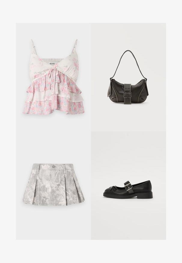 Kvetinová tielko s nastaviteľnými ramienkami, s vrstvami volánov v bielej, ružovej a zelenej farbe; ľahký, jemný bavlnený materiál.; Sivá džínsová sukňa s plisovaním, s jemným vzorom lístkov v svetlejších odtieňoch. Klasický strih s pásom a kovovým zapínaním.; Čierne kožené topánky Mary Jane s okrúhlou špičkou, členkovým remienkom a strieborným prackom. Majú plochú, širokú podrážku a dekoráciu v podobe mašle.; Čierna kožená kabelka cez rameno s detailom prackového popruhu, zaoblenými okrajmi a kontrastným bielym prešívaním na jednoduchom pozadí.