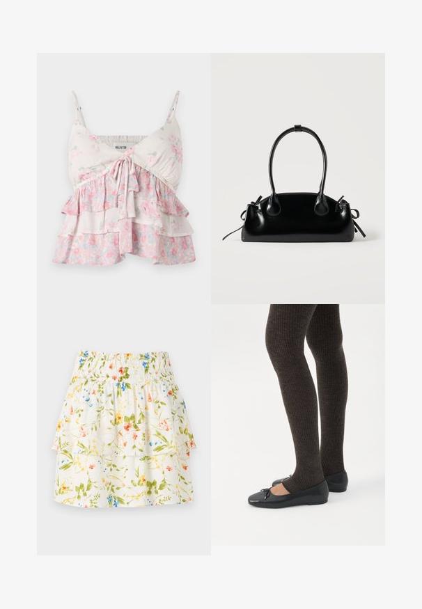 Top de camisón floral con tirantes ajustables, que presenta volantes en capas en tonos blancos, rosas y verdes; material de algodón ligero y suave.; Falda de estampado floral con cintura fruncida, capas con volantes y fondo blanco que presenta flores en verde, rojo y azul.; Piernas con leggings oscuros acanalados combinados con bailarinas negras que presentan pequeños detalles de lazo sobre un fondo blanco.; Pequeño bolso negro brillante con dos asas largas y detalles de cordón lateral sobre un fondo claro liso.