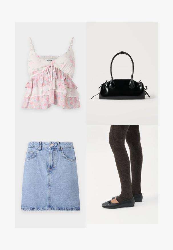 Blomster camisole-top med justerbare stropper, med lagdelte flæser i hvide, lyserøde og grønne nuancer; let, blødt bomuldsstof.; Lyseblå denimskirt med fem lomme-design, frontknap og lynlåslukning samt rå kant. Glat tekstur med let falmning.; Ben iført mørke ribbede leggings kombineret med sorte balletsko med små sløjfedetaljer på hvid baggrund.; Lille sort blank håndtaske med to lange håndtag og snøre-detaljer i siden på en ensfarvet lys baggrund.