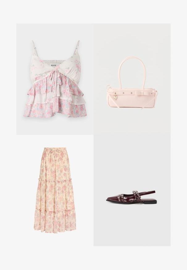 Blomster camisole-top med justerbare stropper, med lagdelte flæser i hvide, lyserøde og grønne nuancer; let, blødt bomuldsstof.; Lang beige nederdel med pink blomsterprint, elastisk talje med snøre og lagdelt flæsedetalje.; Bordeaux patentlæder slingback flad sandal med spids tå, der har dekorerede remme med metalliske detaljer.; Lyserød rektangulær håndtaske med dobbelte håndtag, dekorativ sløjfe, metalnitter og lille hjerteformet vedhæng på en ensfarvet baggrund.