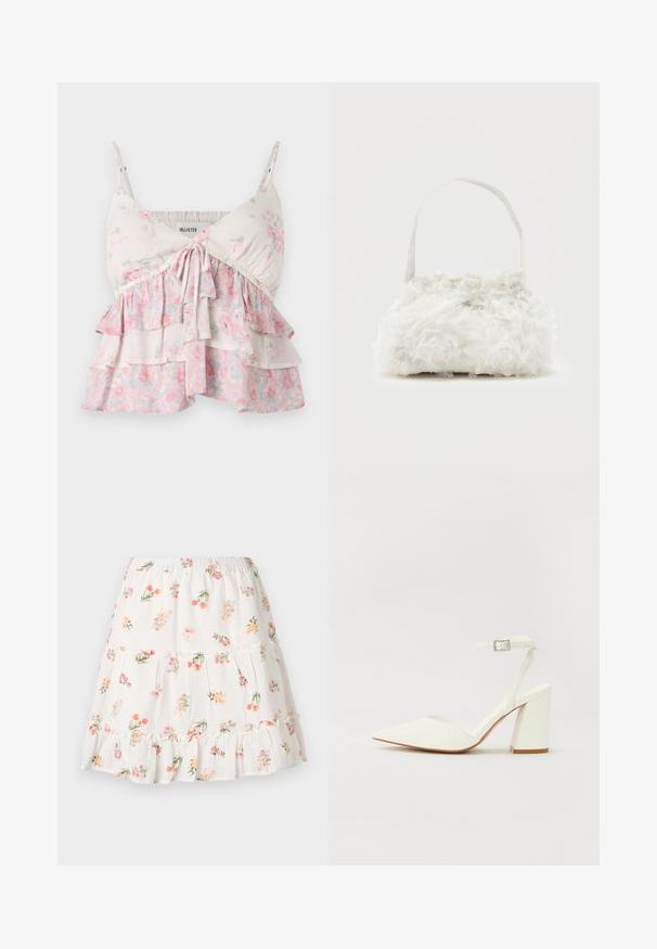 Blomster camisole-top med justerbare stropper, med lagdelte flæser i hvide, lyserøde og grønne nuancer; let, blødt bomuldsstof.; Hvid lagdelt nederdel med flæsekant, prydet med et blomsterprint i pink, orange og grøn. Fremstillet af let, tekstureret stof.; Hvide hælede sandaler med spids tå, justerbar ankelrem og en kraftig firkantet hæl. Glat tekstur med minimale syninger.; Lille hvid håndtaske med stofroser, der dækker kroppen, og et tyndt enkelt skulderremshåndtag på en ensfarvet baggrund.