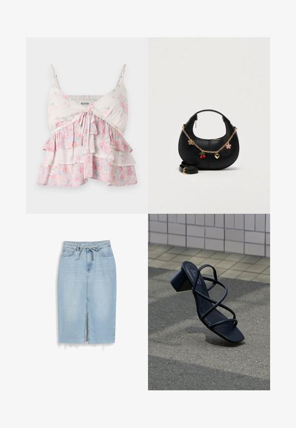 Blomster camisole-top med justerbare stropper, med lagdelte flæser i hvide, lyserøde og grønne nuancer; let, blødt bomuldsstof.; Lyseblå denim mellemlang nederdel med frontslids, fem-lommer stil, bæltestropper og et bundet denimbælte i taljen.; Sort hælsandal med tynde krydsede stropper, der hviler på en brolagt jord nær en flisebeklædt væg.; Sort læderhåndtaske med en buet form, guldkæde-rem og dekorative vedhæng, herunder en sommerfugl, kirsebær og en blomst.