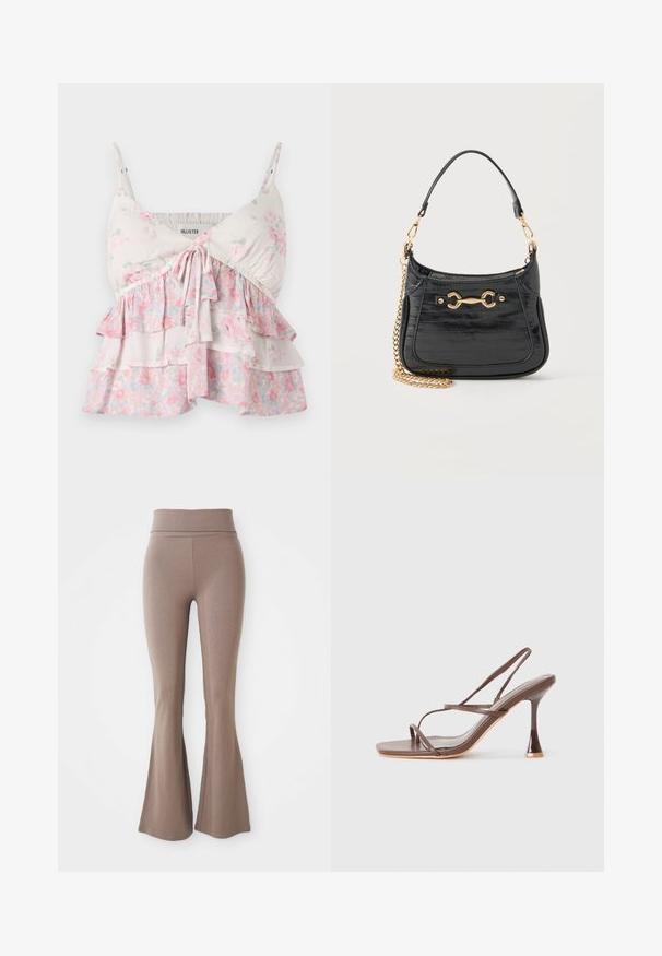 Blomster camisole-top med justerbare stropper, med lagdelte flæser i hvide, lyserøde og grønne nuancer; let, blødt bomuldsstof.; Højtaljede, taupe-farvede flagrende bukser med en bred talje, glat stof og uden synlige mønstre eller udsmykninger.; Brune stroppede højhælede sandaler med firkantet tå, slanke remme, en blank finish og en distinkt buet hæl.; Sort patentlæderhåndtaske med guldfarvet hestebid-detalje, kort læderrem og aftagelig guldkæde på hvid baggrund.
