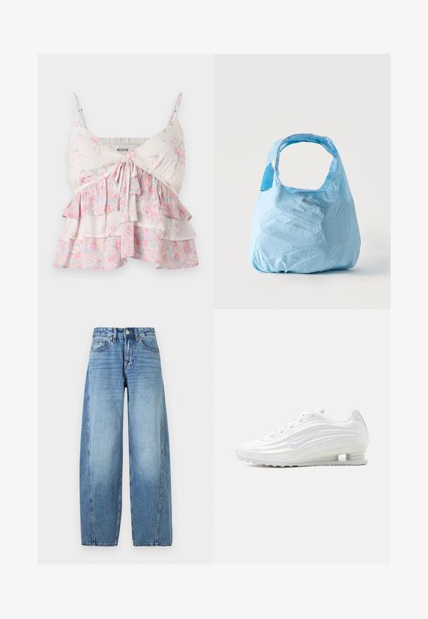 Blomster camisole-top med justerbare stropper, med lagdelte flæser i hvide, lyserøde og grønne nuancer; let, blødt bomuldsstof.; Blå højtaljede cowboybukser med brede ben, foran lukning med knapper og lynlås samt fem-lomme-design.; Hvid Nike løbesko med teksturerede bølgemønstre og en synlig luftpude i sålen, set fra siden på en neutral baggrund.; Lyseblå genanvendelig indkøbs taske med brede håndtag, let krøllet stof, stående oprejst på en ensfarvet hvid baggrund.