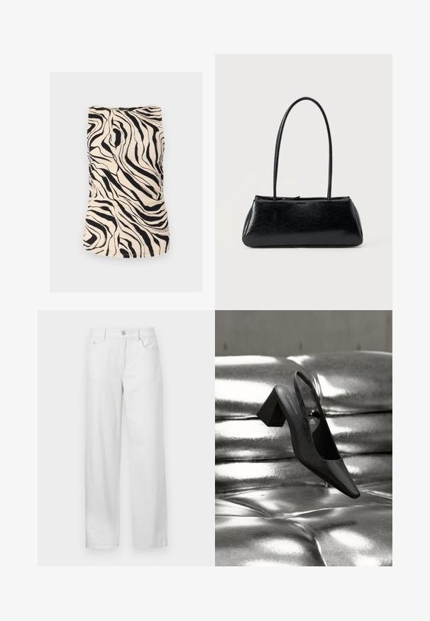 Débardeur noir et crème à motif zèbre avec un tissu texturé, design ajusté et encolure ronde. Présente des fronces horizontales sur les côtés.; Pantalons en denim blanc à coupe ample, avec une fermeture à bouton et zip, des passants de ceinture et un design traditionnel à cinq poches.; Escarpin noir à bride arrière avec bout pointu, présentant une surface texturée et un talon bloc épais. Posé sur un fond métallique brillant.; Sac à épaule rectangulaire noir avec de longues bretelles fines et une texture lisse et brillante sur un fond uni.