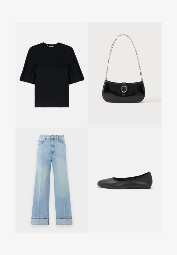 Haut noir à manches courtes avec de larges manches évasées et un col rond, présenté sur un fond blanc.; Jeans évasés bleu clair en denim, dotés d'une taille haute, d'ourlets retroussés et d'un design classique à cinq poches. Finition nette avec un minimalisme dans les dégradés.; Ballerines en cuir noir avec un bout rond, texture lisse, détails de couture minimalistes et design de semelle flexible.; Sac à épaule en cuir verni noir avec détail de boucle argentée et bandoulière en chaîne argentée, présenté sur un fond uni clair.