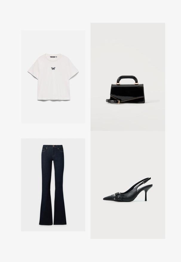 T-shirt blanc à manches courtes avec col rond et petit motif papillon violet et noir centré sur la poitrine.; Jean en denim bleu foncé à taille haute, ajusté sur les hanches et les cuisses, évasé en bas.; Escarpin slingback à talon haut en cuir noir avec bout pointu, boucle et détail de bride œillet à l'avant.; Sac à main rectangulaire noir brillant avec poignée supérieure, ferrures dorées et bandoulière amovible, posé sur un fond clair uni.